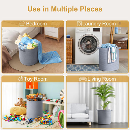 BROVIEW Woven Storage Basket, 56L Tall Laundry Baskets Hamper, 16x18 in Cotton Rope Basket for Toy, Pillows, Clothes, Blanket Basket with Handles for Living Room Bedroom Nursery Grey