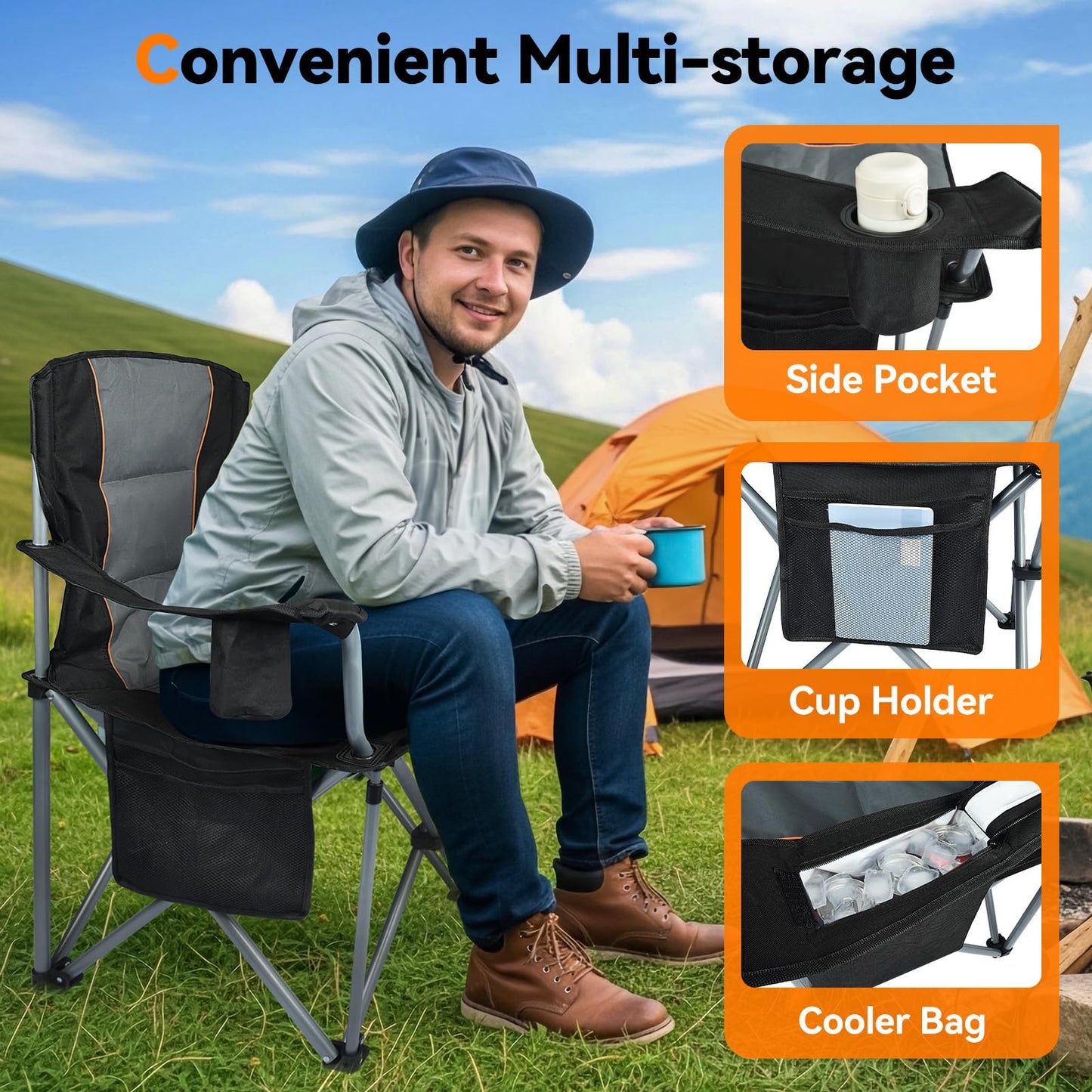Camping Chairs, 2 Pack Oversized Heavy Duty Fully Padded Outdoor Folding Chairs with Cup Holder, Cooler Bag and Side Pocket, Support 400 LBS, Carry Bag Included, Versatile for Sports,Outdoors & Lawns