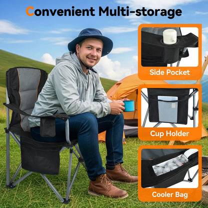 Camping Chairs, 2 Pack Oversized Heavy Duty Fully Padded Outdoor Folding Chairs with Cup Holder, Cooler Bag and Side Pocket, Support 400 LBS, Carry Bag Included, Versatile for Sports,Outdoors & Lawns