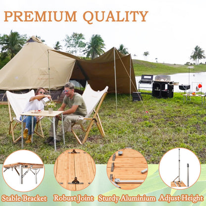 KingCamp Bamboo Folding Table Environmental Camping Table with Adjustable Height Aluminum Legs Heavy Duty 4-Folds Portable Camp Tables for Travel, Picnic, Party, Beach, 1-2 People