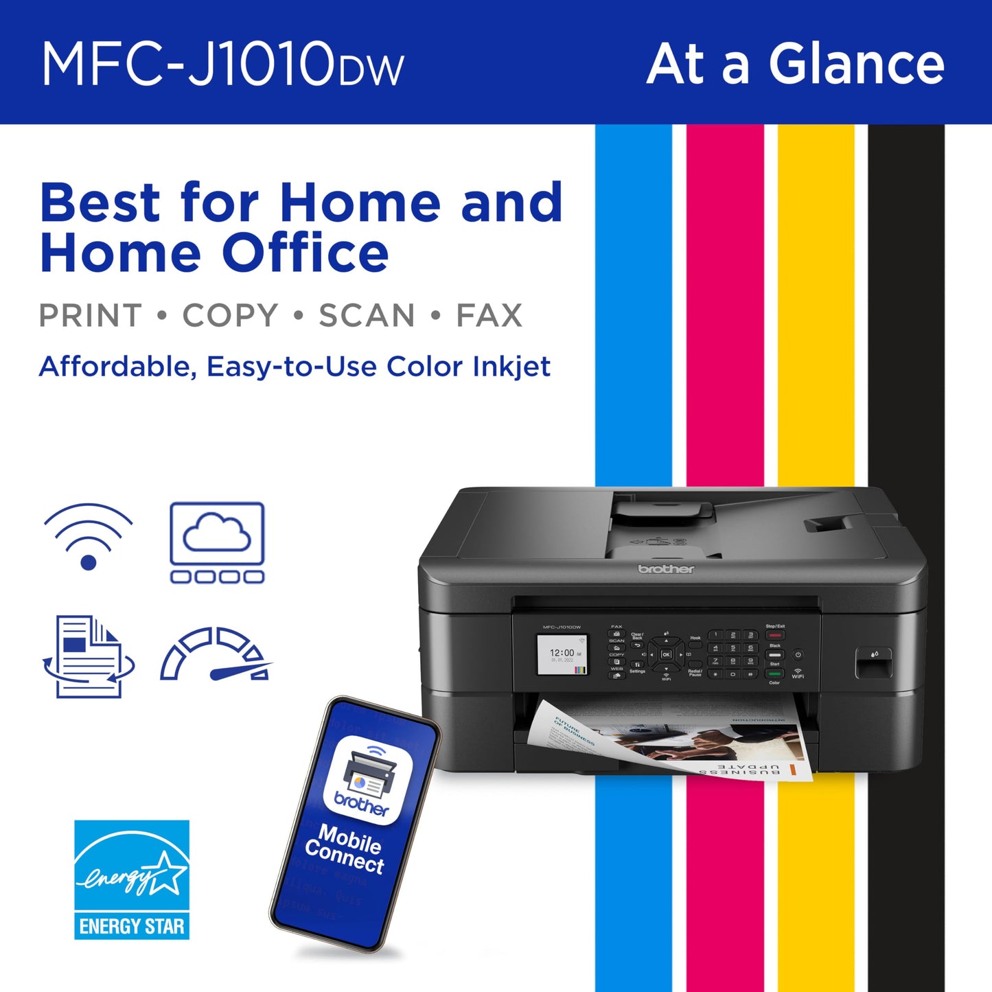 Brother MFC-J1010DW Wireless Color Inkjet All-in-One Printer, Duplex Printing, Mobile & Cloud Print, Compact Design, 1.8" Color Display, Works with Alexa