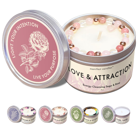 Manifest Candles Love Candle to Attract Love, 45 Hour Burn, Sage & Rose Candle, Romantic Candles, Spiritual Meditation Candles with Manifestation Crystals Bracelets for Women