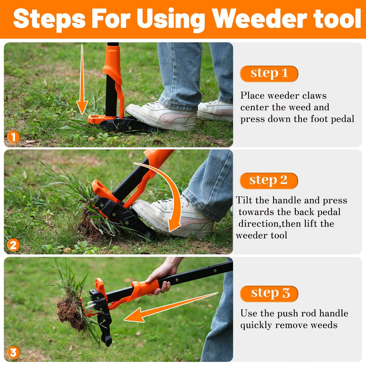 WATFIGBY Weed Puller Tool, Stand Up Weed Puller Heavy Duty, Weeding Tool with 39" Ergonomic Long Handle and 4 Manganese Steel Claws, Easy Eject Mechanism, Weeding Without Bending, Pulling, or Kneeling