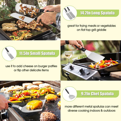 HaSteeL Griddle Accessories Kit of 16, Professional Stainless Steel Griddle Spatula Tools in Storage Bag, Heavy Duty Metal Spatulas/Chopper/Burger Press/Melting Dome for Teppanyaki Flat Top BBQ Grill