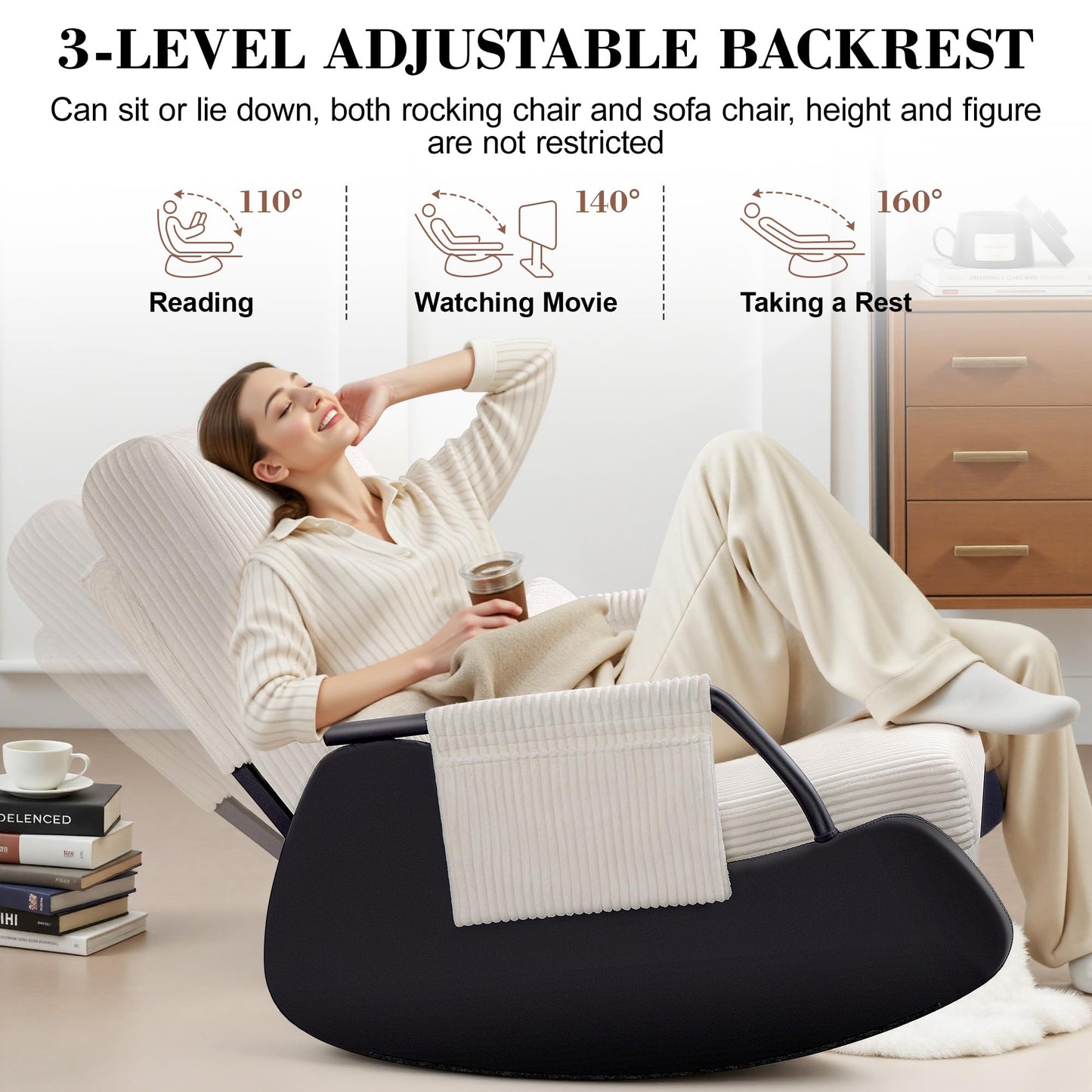 FelixKing Rocking Chair Nursery, Low-Seat Glider Chair, Upholstered Rocking Chair with Side Pocket and Foot Rest, Comfortable Modern Accent Armchair Recliner for Mom Nursery Living Room Bedroom Beige