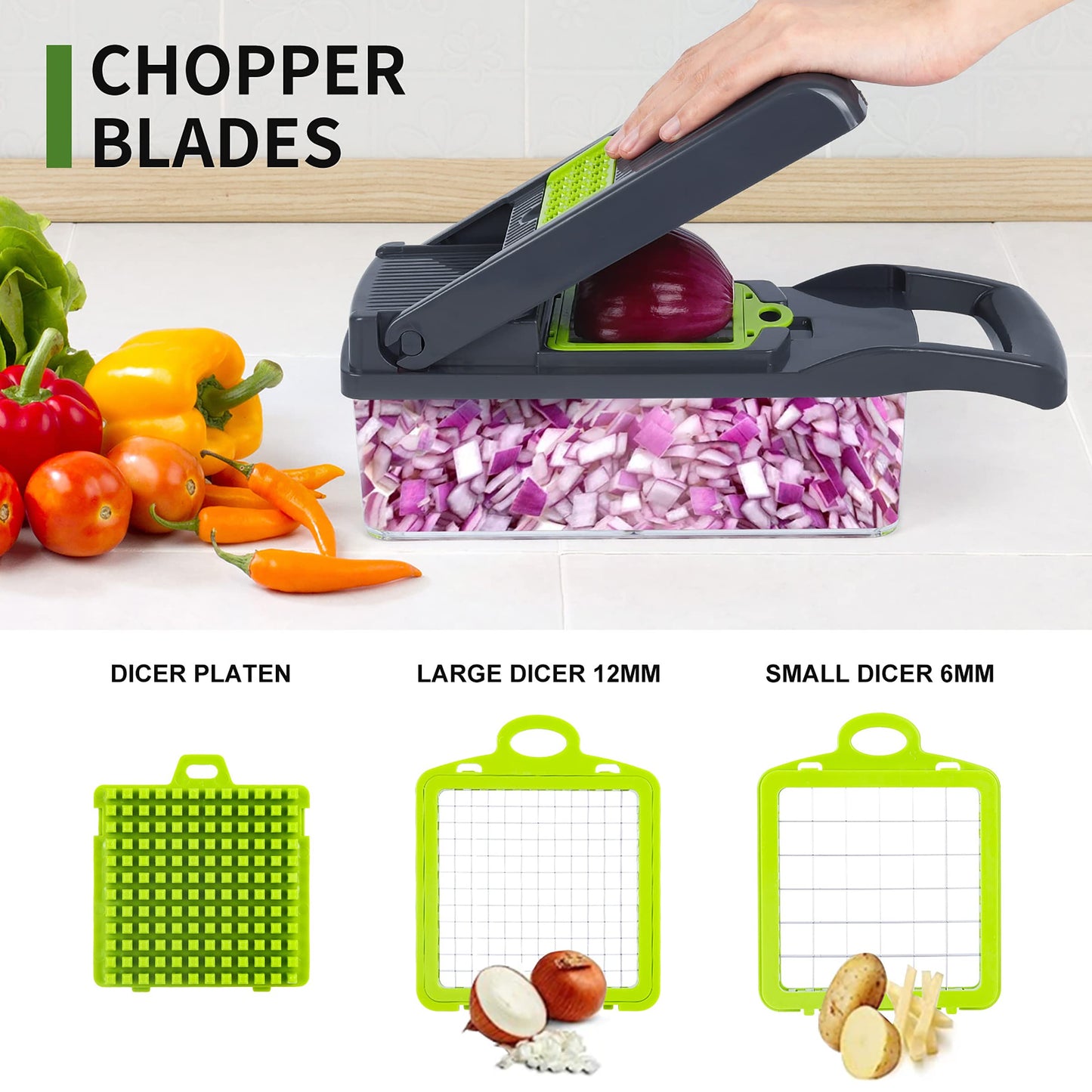 Vegetable Chopper, Onion Chopper, Mandolin Slicer,Pro 10 in 1professional food Choppermultifunctional Vegetable Chopper and Slicer, Dicing Machine, AdjustableVegetable Cutter With Container(grey)