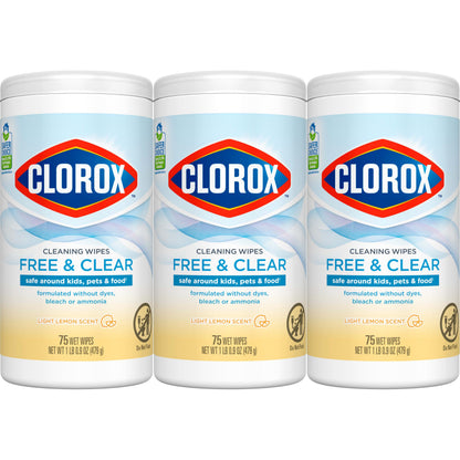 Clorox Free & Clear Cleaning Wipes, Light Lemon Scent, 75 Count, Pack of 3 (Pack May Vary)