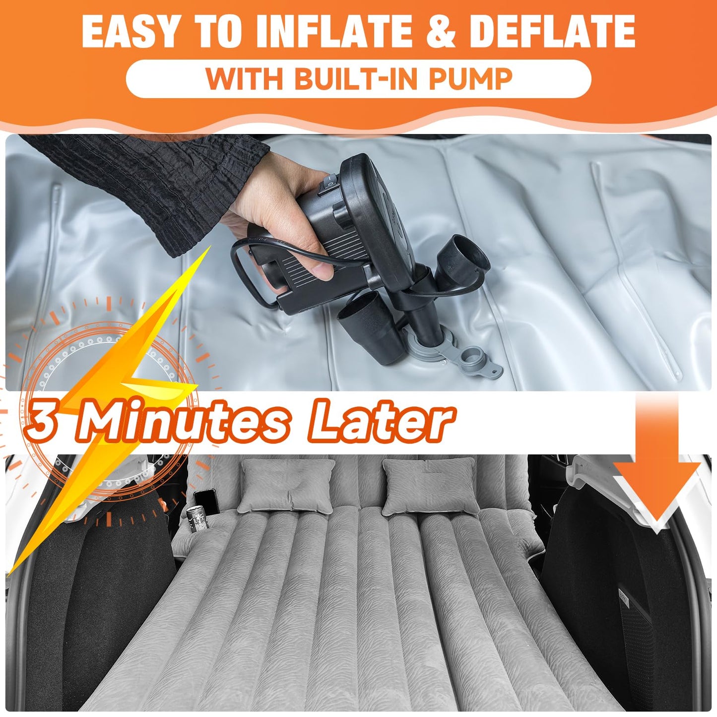 Uncle elk SUV Air Mattress: Inflatable Car Air Mattress for Camping, Flocking Car Bed with Air Pump & 2 Pillows, Portable Sleeping Pad Mattress for Home Car Travel Camping Grey