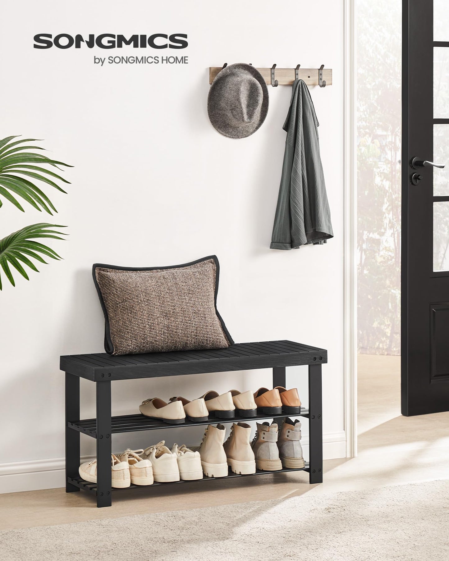 SONGMICS Shoe Rack Bench, 3-Tier Bamboo Shoe Storage Organizer, Entryway Bench, Holds Up to 286 lb, 11.3 x 35.4 x 17.8 Inches, for Entryway Bathroom Bedroom, Ink Black ULBS90B33