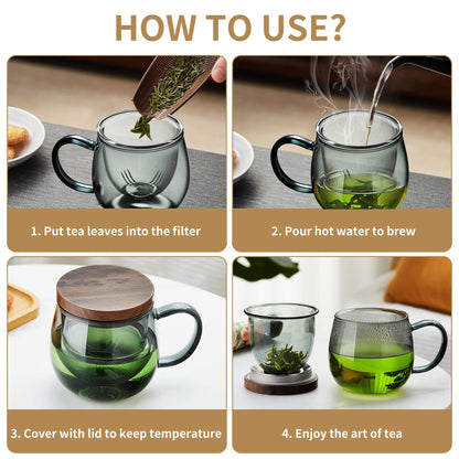 Unbreakable Glass Tea Cup with Infuser and Lid - 17oz Tea Mug for Loose Leaf Tea, Infusion Mug with Glass Filter and Wood Lid