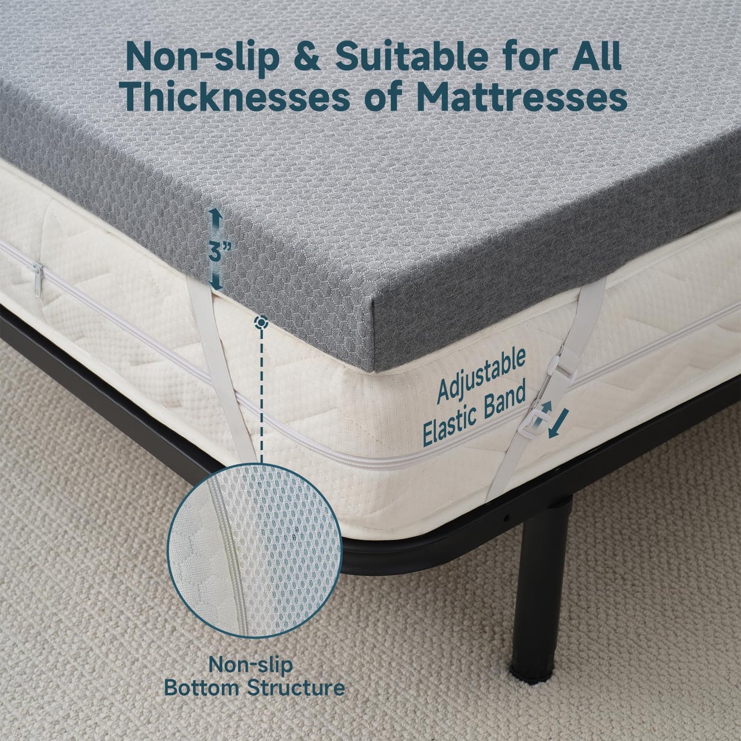 3 Inch Full Memory Foam Mattress Topper,Cooling Gel Bed Topper with Premium Removable Skin-Friendly Non-Slip Cover, High Density Ventilated Mattress Pad CertiPUR-US & Oeko-Tex Certified, Grey