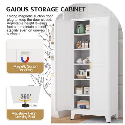 GAIOUS 75.2" Tall Metal Kitchen Pantry Storage Cabinets with 2 Door and 5 Adjustable Shelves, Cupboard for Kitchen, Dining Room, Living Room and Bathroom, White