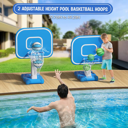 Pool Basketball Hoop, 33"x26"x50" Oversized Pool Toys with Adjustable Height Includes 4 Balls(Size 6, 2×Size 3, Glow)/ Nets/Pump for Poolside Water Basketball Game, Swimming Pool Games for Kids Adults