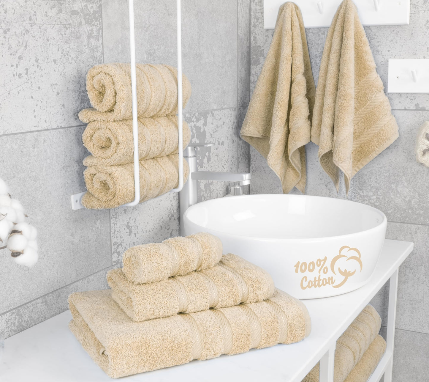 American Soft Linen Luxury 6 Piece Towel Set, 2 Bath Towels 2 Hand Towels 2 Washcloths, 100% Cotton Turkish Towels for Bathroom, Beige Towel Sets