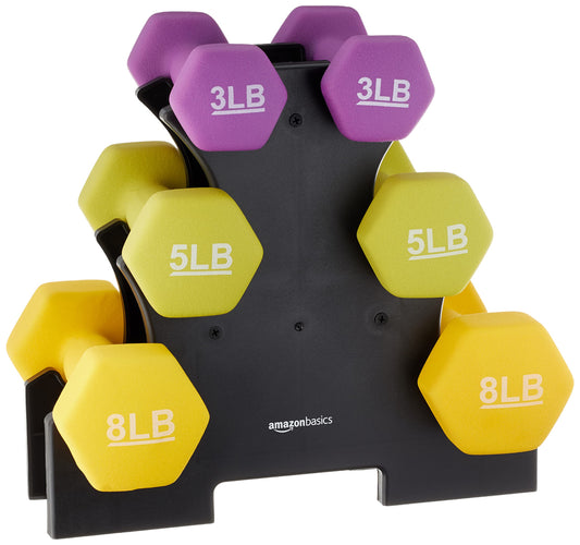 Amazon Basics Neoprene Dumbbell Hand Weights, Rack with 3 Pairs (3, 5, and 8 Pounds), Purple/Green/Yellow