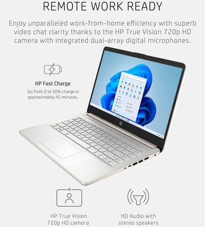 HP Touchscreen Laptop Computer, 4GB DDR4 RAM, 64GB eMMC, Intel Processor, 14 inch, WiFi 6, Bluetooth, Windows 11 Home S, Pale Gold