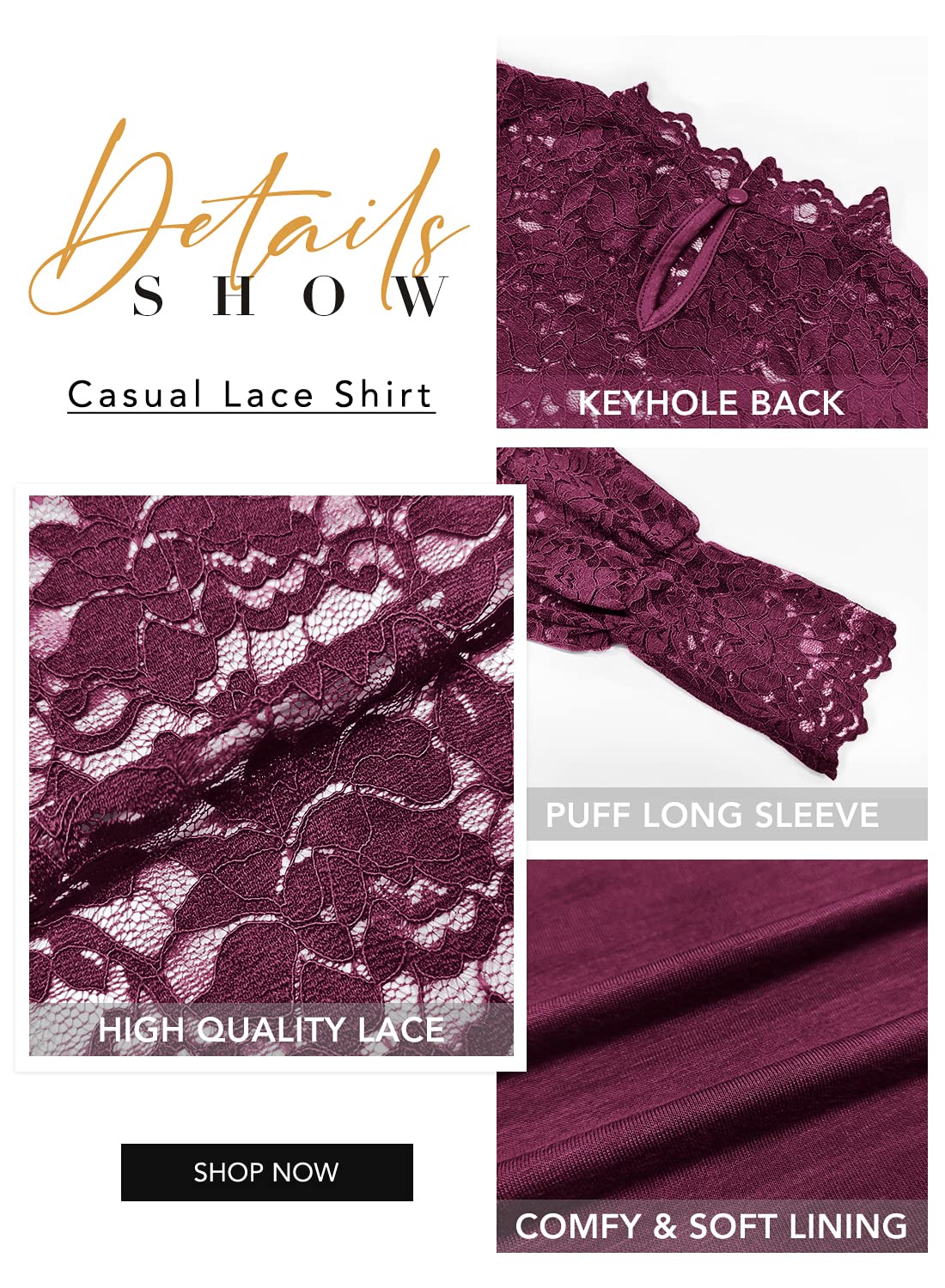 DOROSE Tops for Women Sexy Lace Mesh Puff Long Sleeve Blouses Shirts Wine Red S