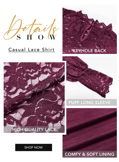 DOROSE Tops for Women Sexy Lace Mesh Puff Long Sleeve Blouses Shirts Wine Red S