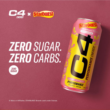 Cellucor C4 Performance Energy Drink | STARBURST Strawberry | Zero Sugar Carbonated Preworkout Energy | 200mg Caffeine with Beta Alanine | 16 Fl Oz (12 Pack)
