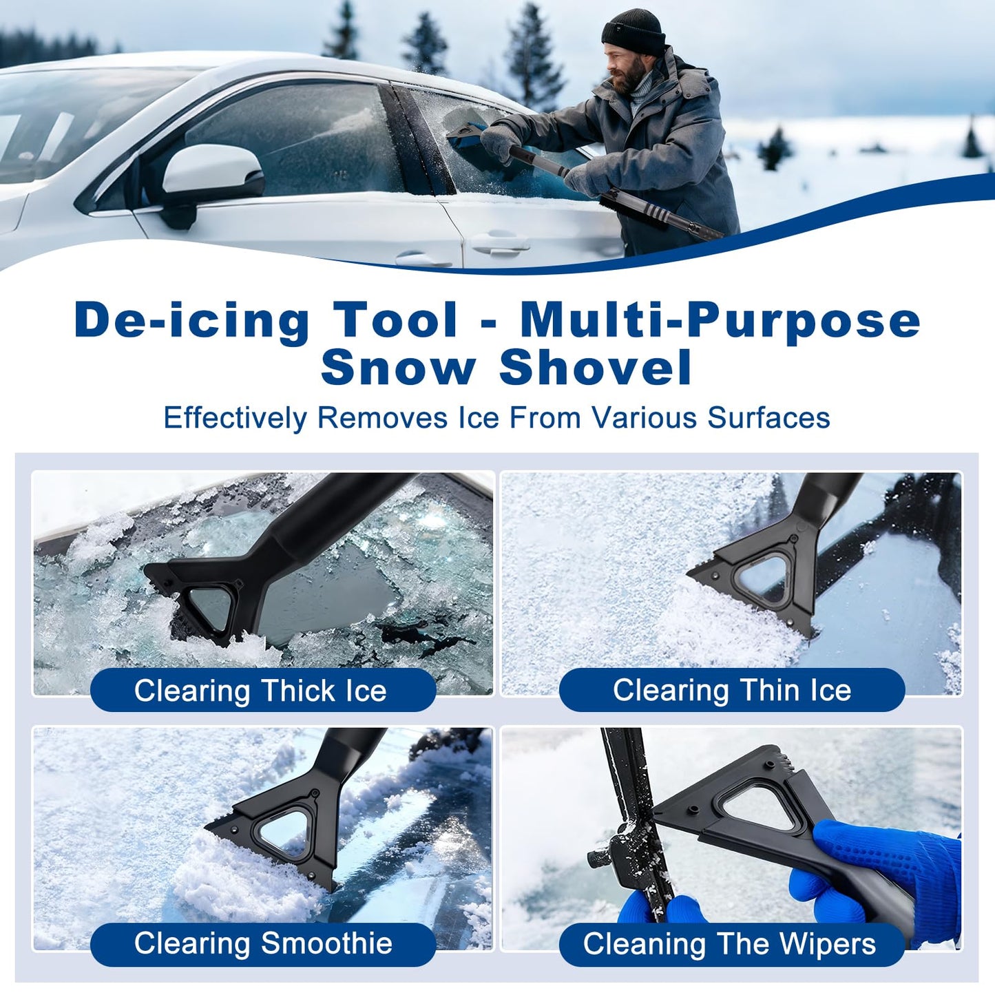 72" Extendable Long Snow Brush with Ice Scraper for Car Truck SUV Van - Soft Squeegee with 270° Pivoting Brush Head for Windshield Window - Snow Scraper & Antifreeze Gloves for Car Winter Accessories