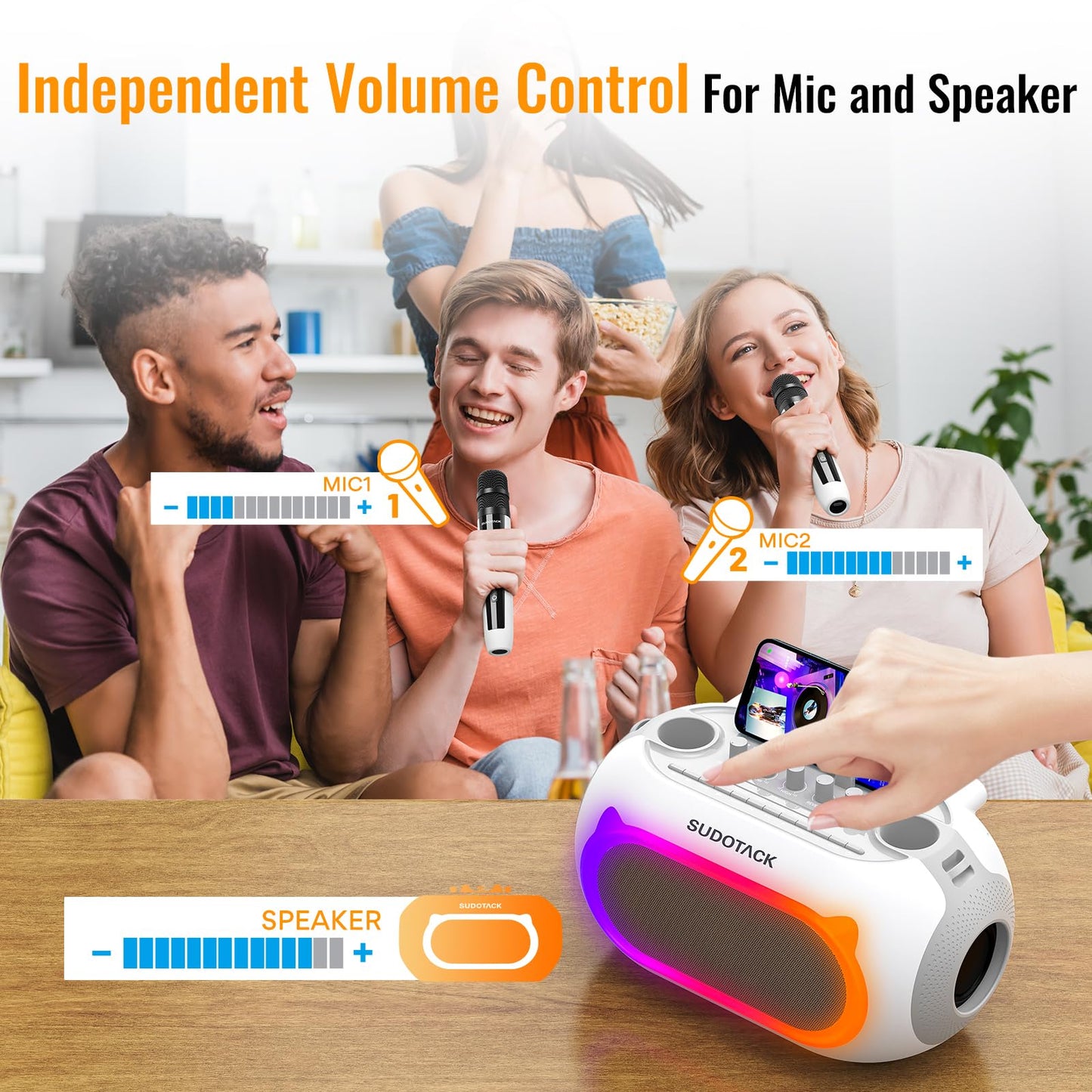 SUDOTACK Karaoke Machine for Adults Kids with 2 Wireless Microphones, Bluetooth PA Speaker System with Echo/Bass/Treble Adjustment for Home Party, Outdoor, Church, Picnic, Birthday Gifts (White)