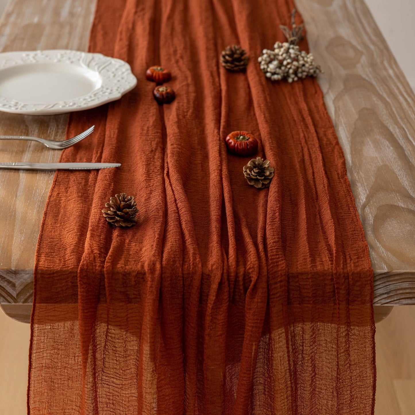 Keketoarrange Thanksgiving Fall Table Runner Terracotta Gauze 120 Inch 10 FT Rustic Burnt Orange Sheer Cheese Cloth for Bridal Shower Friendsgiving Party Centerpiece Decor Fall Decorations for Home