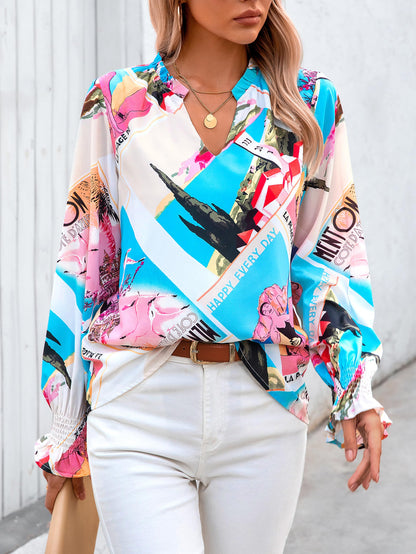 MASCOMODA Womens V Neck Floral Long Sleeve Tops 2024 Summer Casual Loose Puff Sleeve Chiffon Boho Work Blouse Dressy T Shirts(Graphic Print,Small)