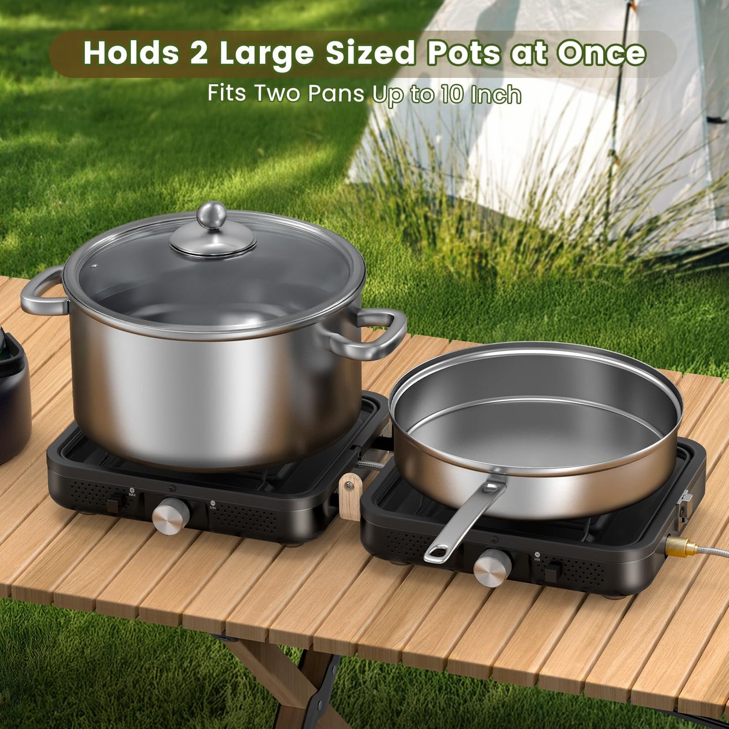 OGERY 2-Burner Foldable Camping Stove with Griddle (Textured & Smooth) and Carrying Bag, Portable Propane Camp Stove with 2 Adjustable Burners & Piezo Ignition, for Camping Tailgating Essentials Gear