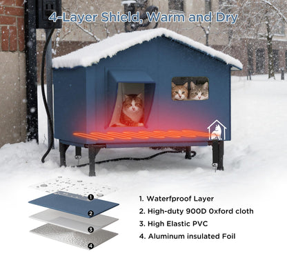 Extra-Wide Heated Cat House for Outdoor Use, Waterproof Insulated Shelter for Winter with Escape Exit, Spacious 23.5" × 21" × 16", Safe Heated Bed, Foldable, Connects to Feeding Station – Blue