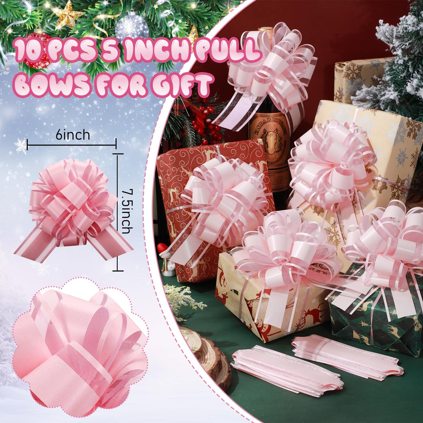 WILLBOND 10 Pcs Large Christmas Pull Bows Gift Wrapping 6 Inch Pull Bows for Christmas Party Birthday Wedding Baskets Xmas for Gift Wrapping Decorations(Lotus Root Pink)