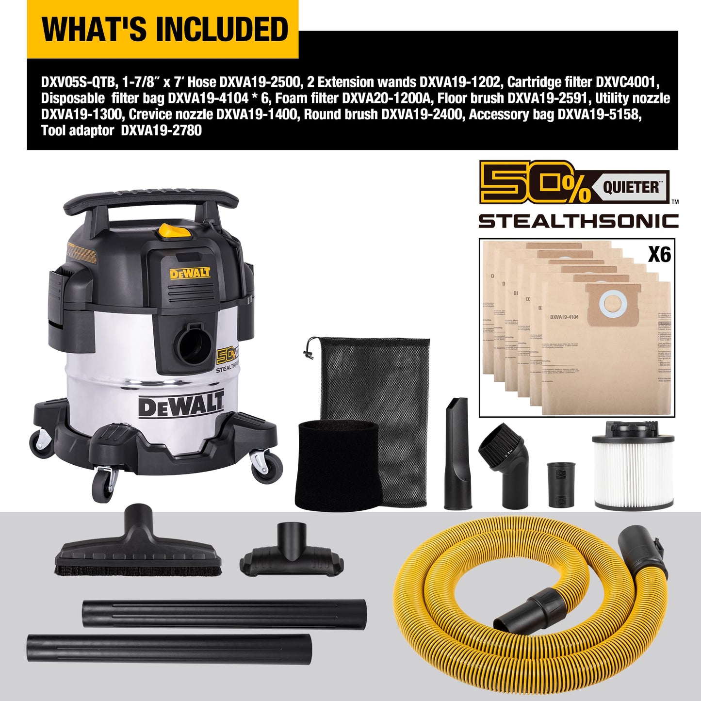 DEWALT 5 Gallon 4 HP STEALTHSONIC Shop Vacuum Wet and Dry DXV05S-QTB Ultra Quiet Stainless Steel Wet/Dry Vacuum Cleaner with Powerful Suction for Garage, Jobsite, and Workshop
