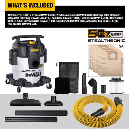 DEWALT 5 Gallon 4 HP STEALTHSONIC Shop Vacuum Wet and Dry DXV05S-QTB Ultra Quiet Stainless Steel Wet/Dry Vacuum Cleaner with Powerful Suction for Garage, Jobsite, and Workshop