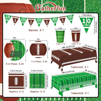 Gatherfun Football Party Supplies Kit Serve 24,Includes Dinner Plates, Dessert Napkins, Cups,Banner and Touchdown Tablecloth for Birthday Gameday Tailgate Decorations, Green (2023053002)