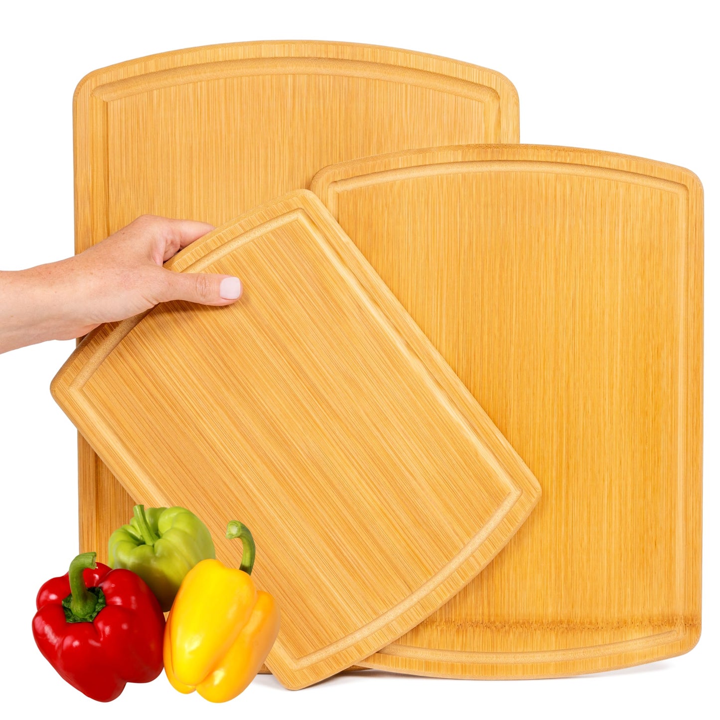 Organic Bamboo Cutting Board Set of 3 with Glue-Free Surface and Lifetime Replacements – Wooden Chopping Board for Kitchen with Juice Grooves for Carving & Serving, Non Toxic & Durable by Greener Chef