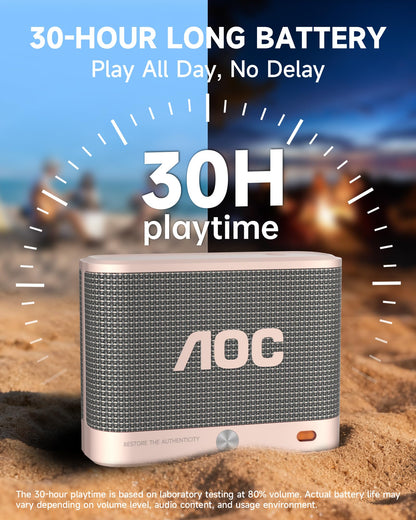 AOC Portable Bluetooth Speaker, Shower Speaker, BT 5.4 with Wireless Stereo Pairing, BassUp, IP67 Waterproof, Dustproof, 30-Hour Playtime, Compact Small for Home, Outdoors, Travel, White