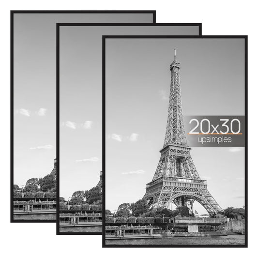 upsimples 20x30 Picture Frame Black 3 Pack, Scratch-Proof Poster Frames 20 x 30 for Photo Gallery - Slide-In Strips, Horizontal or Vertical Wall Mounting