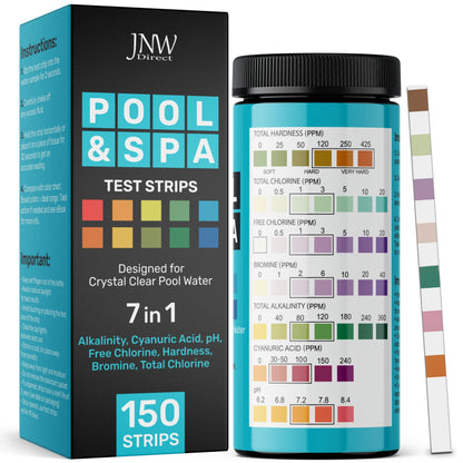 Pool Test Strips 7-in-1, 150 Quick and Accurate Pool and Hot Tub Test Strips - Pool Water Testing Kit for Chlorine, Bromine, pH, Hardness, More - All in 1 Swimming Pool Test Strips by JNW