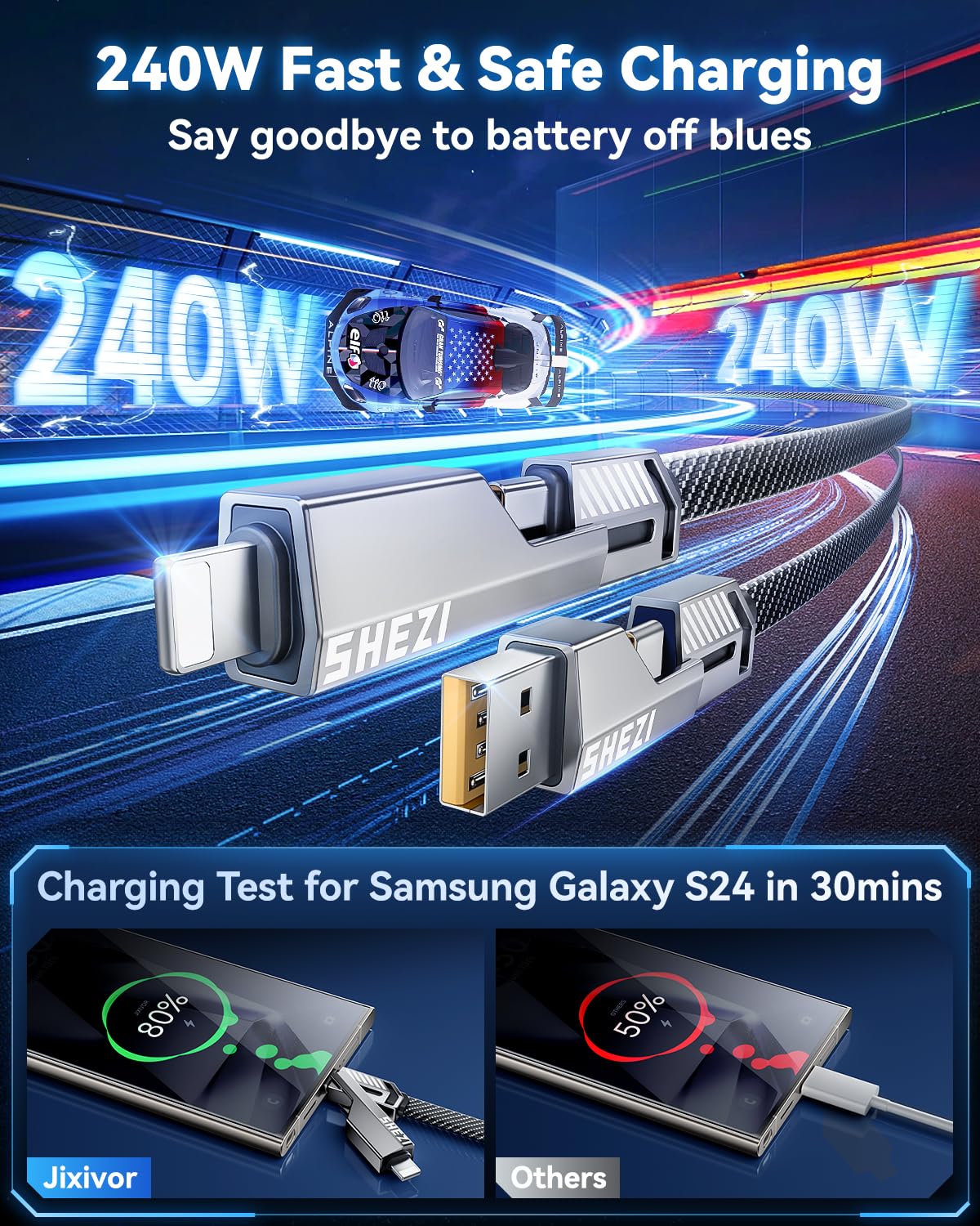 [One is Enough] 4-in-1 Compatible with USB C to Lightning Cable, 240W High-Speed Charging & Fast Data Transfer,CarPlay & Android Auto Support Multi Charger Cord Combo for iPhone/Samsung/iPad,3FT