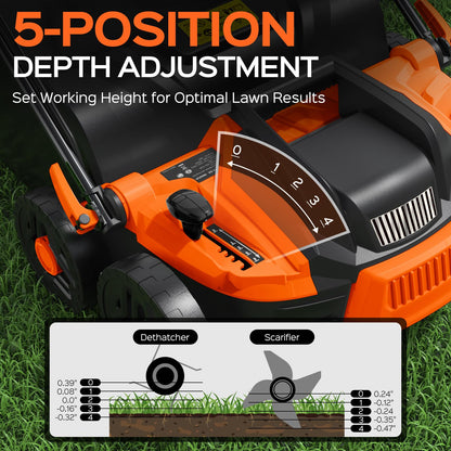 TIECTOWN 16-Inch 15.5 Amp 2-in-1 Electric Dethatcher and Scarifier with 14.5-Gallon Removable Thatch Collection Bag, Lawn Dethatcher with 5-Position Adjustment, Quick-Fold, Keeps Lawn Healthy - Orange