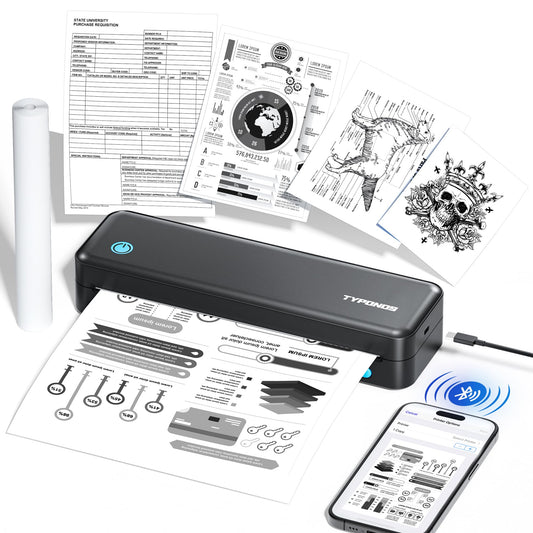 TYPONOS Portable Printers Wireless for Travel, D820 Thermal Inkless Printer Support Sizes from 8.5" x 11" to 2" Width, Suitable for Smartphone & PC, Bluetooth Printers for Home Use(Black, 1Pack)