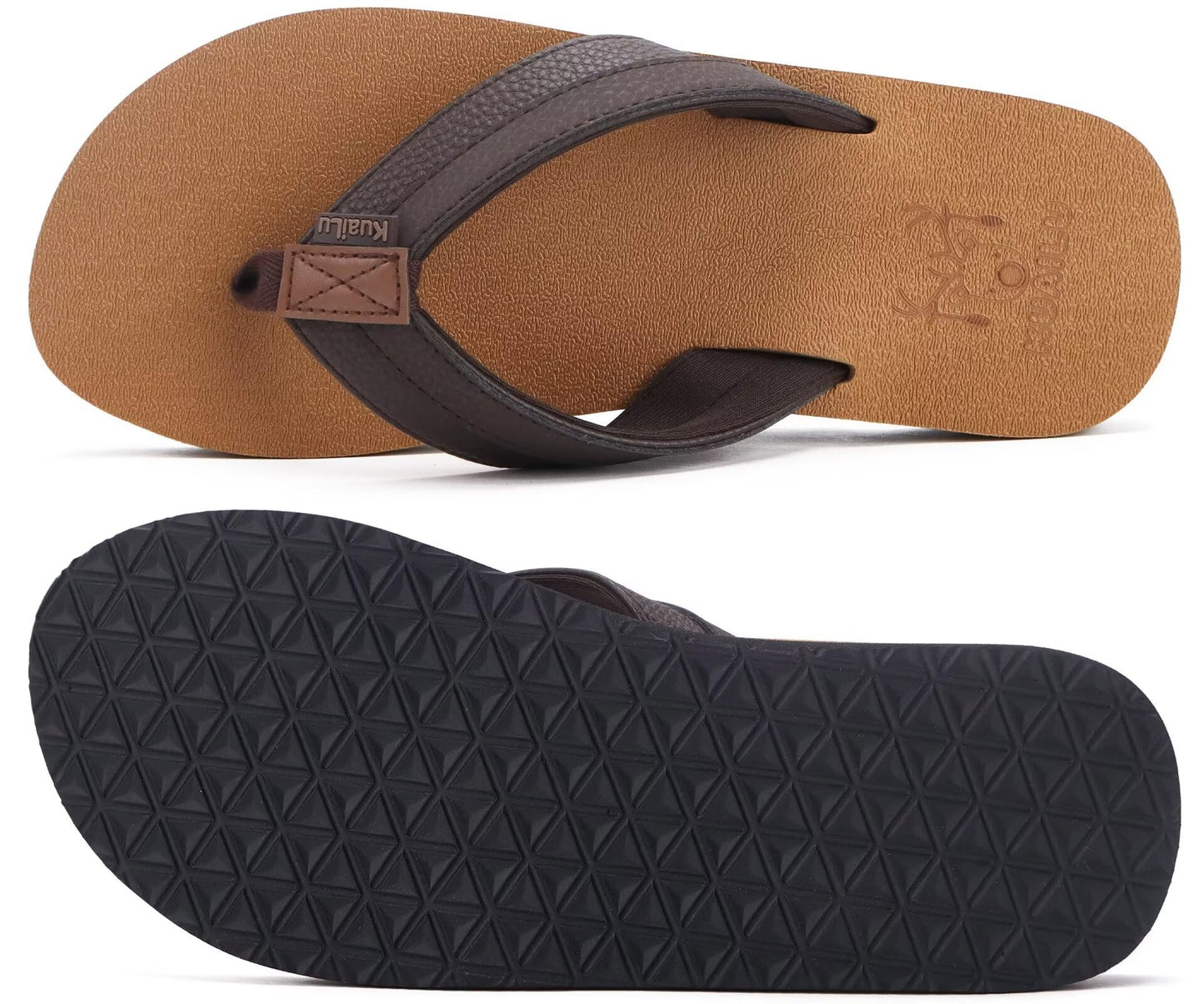 KuaiLu Mens Leather Flip Flops Arch Support Summer Beach Pool Water Thong Sandals Waterproof Essentials Walking Shoes Slip on Orthotic Casual Sport Cushioned Wide Slides Shower Slippers Khaki Size 11