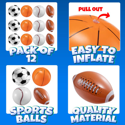 16" Inflatable Sports Beach Balls Variety Pack (12 Pcs) - 3 of Each - Basketball, Baseball, Football, Soccer Beach Balls for Sports - Themed Parties, Pool Toys, Birthday Decorations, and Party Favors