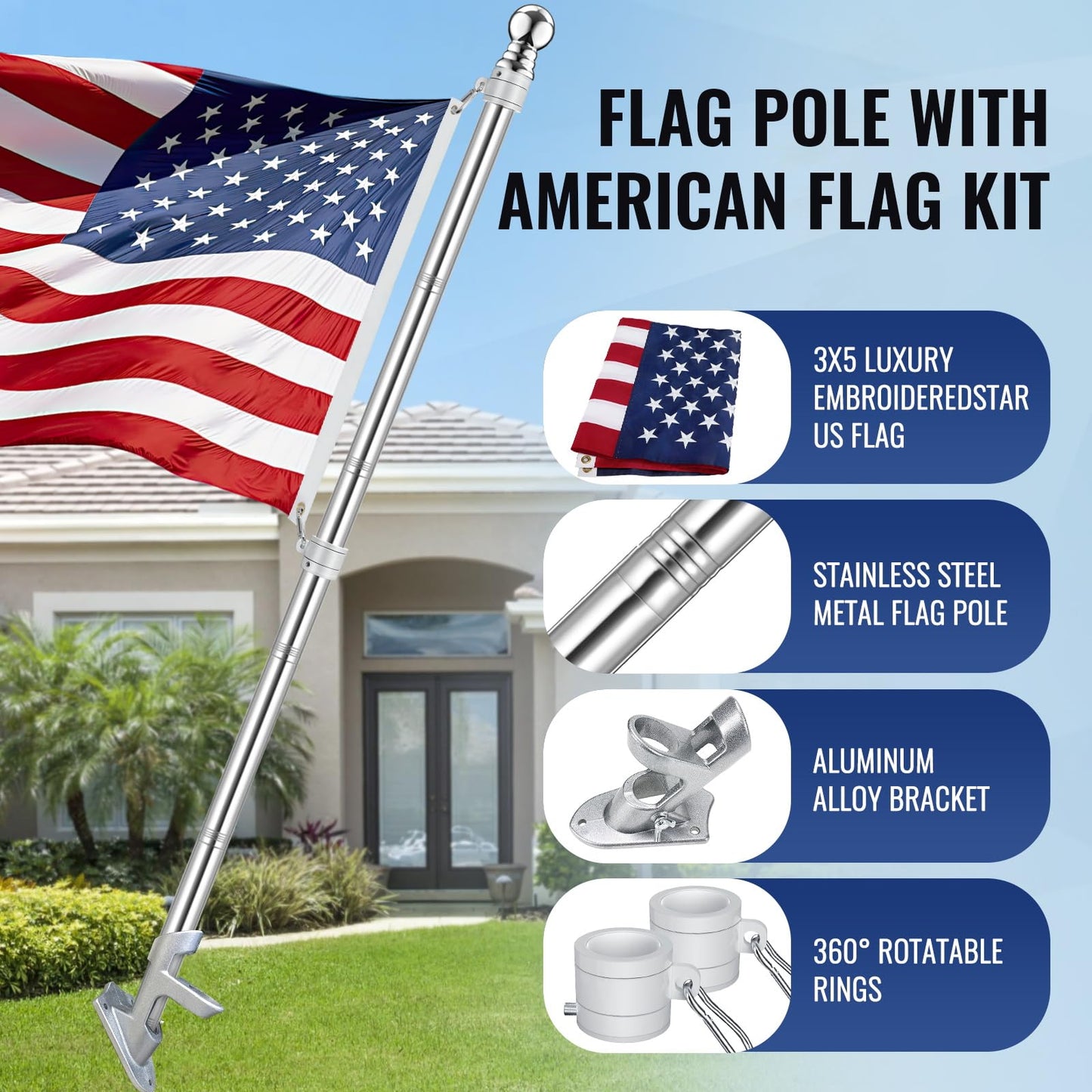 Jetlifee American Flag Pole Kit, Including 100% Polyester 3x5 ft US Flag, 5 Ft Aluminum White No Tangle Spinning Pole and Multi-Position Flag Pole Bracket