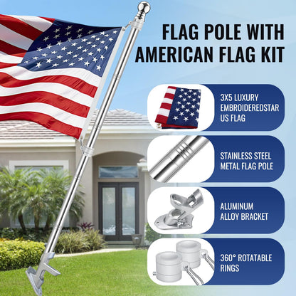 Jetlifee American Flag Pole Kit, Including 100% Polyester 3x5 ft US Flag, 5 Ft Aluminum White No Tangle Spinning Pole and Multi-Position Flag Pole Bracket