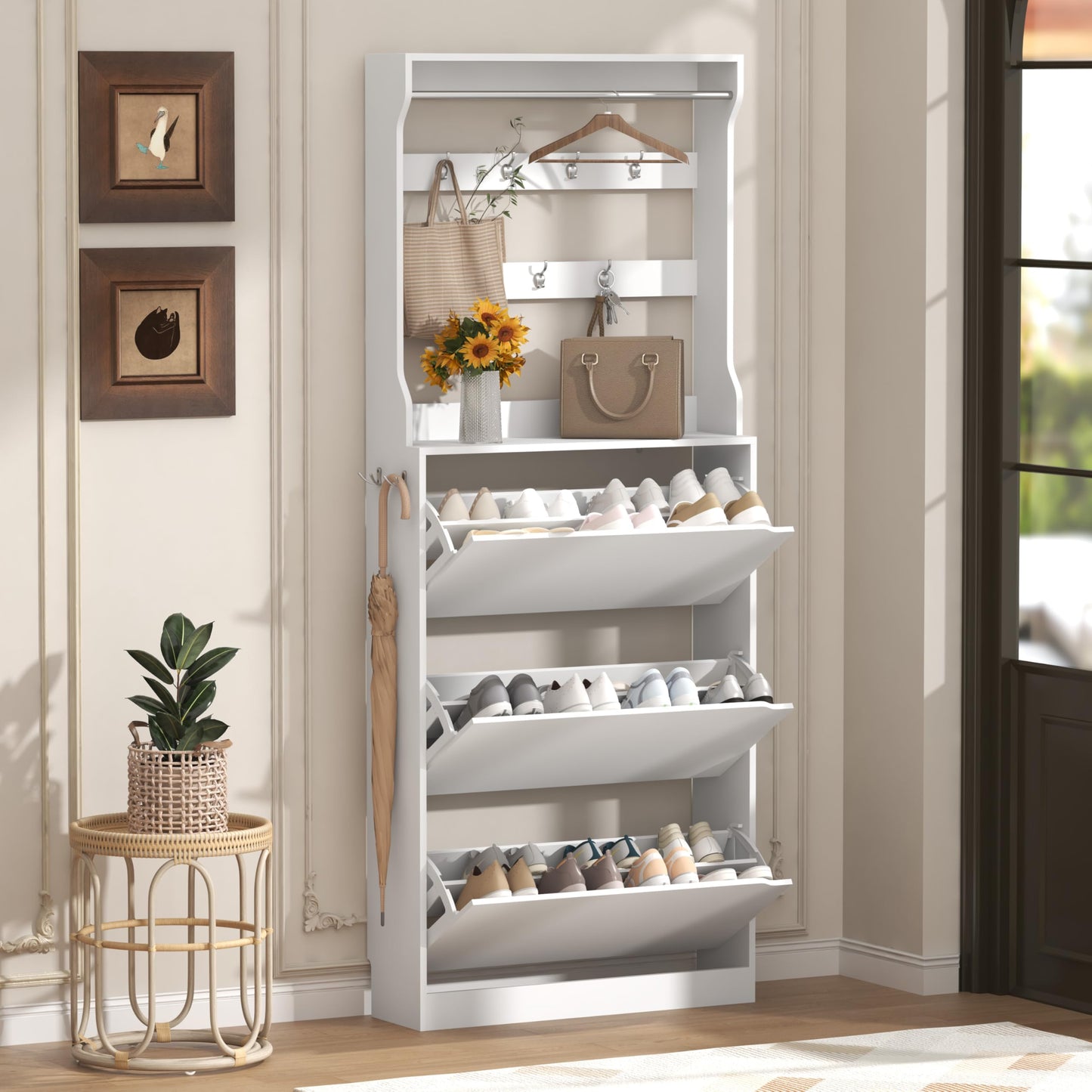 Wodeer Tall Shoe Cabinet with Coat Rack, Hidden Shoe Storage Cabinet with Doors & Drawer, Hanging Bar & Hooks, Slim Narrow Freestanding Shoe Rack Organizer for Entryway, Hallway & Living Room, White