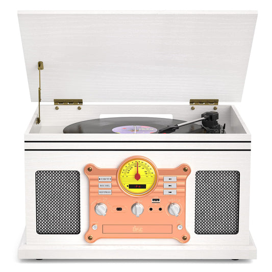 Vinyl Record Player and CD Player Cassette Combo, 10 in 1 Bluetooth Record Player with FM/AM Radio USB/TF Recording & AUX/RCA, Vintage 3-Speed Turntable for Home Decor, Gift Ready