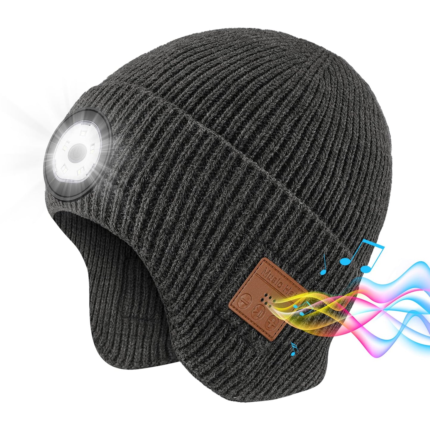 Bluetooth Beanie with Light, Built in Wireless Headphones & Stereo Speakers USB Rechargeable Bluetooth Hat Unique Tech Gifts Birthday Gifts for Men and Women (Dark Grey Adult)