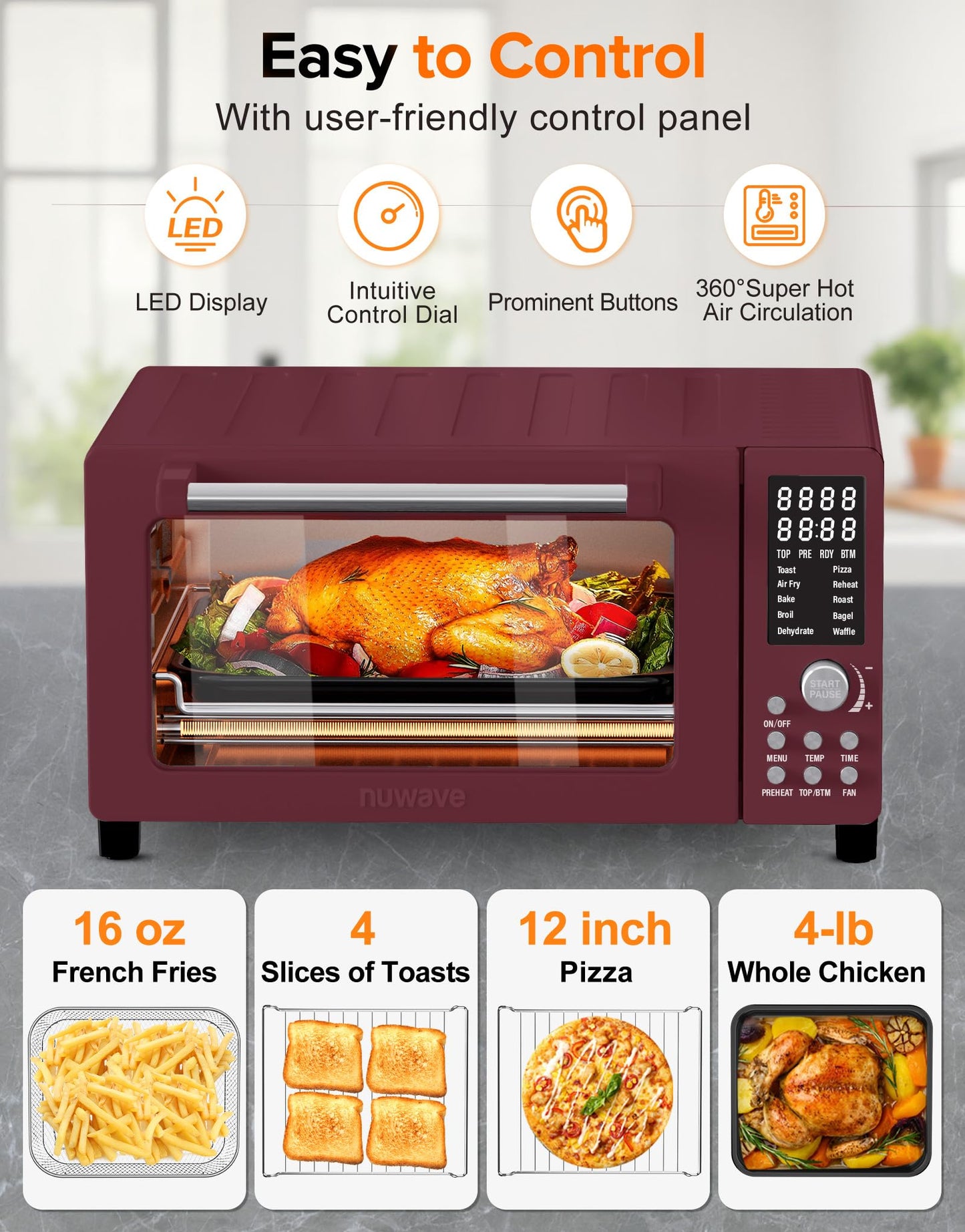 Nuwave Bravo Pro Smart Air Fryer Toaster Oven Combo, 12-in-1 Functions with Quicker & Even Crisp Technology, 1800W, 50-450°F, PFAS-Free, 21QT, Cinnamon