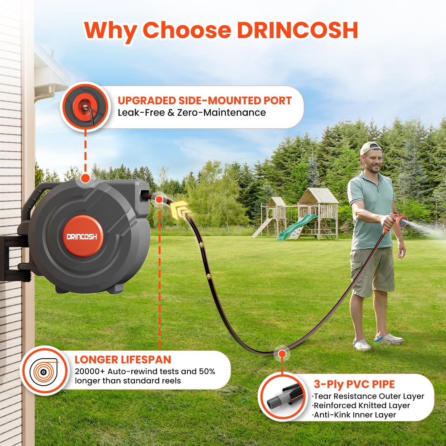 3rd Generation Retractable Garden Hose 100 ft x 1/2 inch Heavy Duty Wall-Mounted Hose Reel 180° Swivel Automatic Slow Return Any Length Lock 9 Pattern Nozzle UV Resistant (Black)