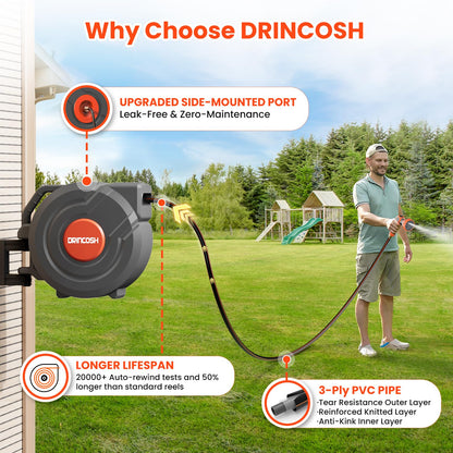 3rd Generation Retractable Garden Hose 100 ft x 1/2 inch Heavy Duty Wall-Mounted Hose Reel 180° Swivel Automatic Slow Return Any Length Lock 9 Pattern Nozzle UV Resistant (Black)